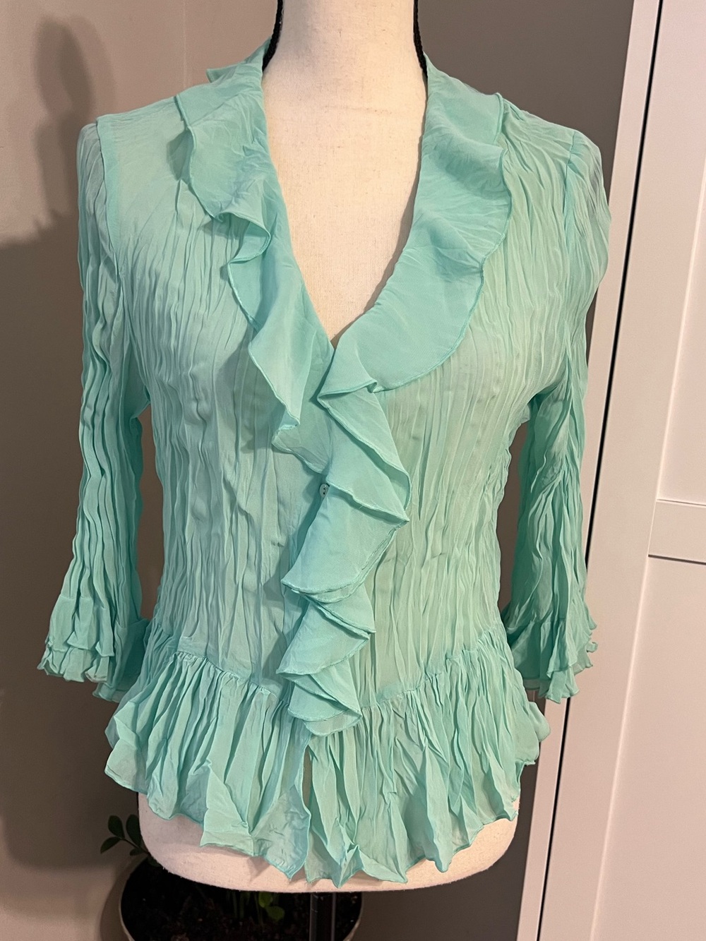 Ruffled V-Neck Blouse in Aqua Green